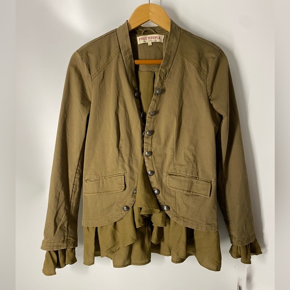 Free People Ruffle Romance Military Jacket Army Green Size M NWT - Picture 6 of 14